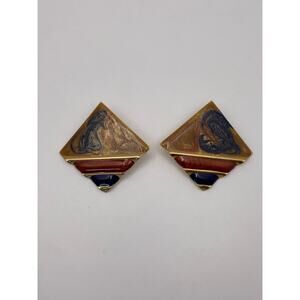 Vintage Gold Tone Diamond Shape Multicolor Swirled Enamel Statement Earrings
